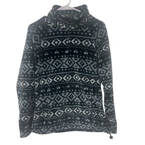Eddie Bauer Fleece 1/4 Zip Pullover Womens Sz Large Black & White Aztec Print